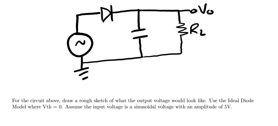 Tovo
3R₂
For the circuit above, draw a rough sketch of what the output voltage would look like. Use the Ideal Diode
Model where Vth 0. Assume the input voltage is a sinusoidal voltage with an amplitude of 5V.