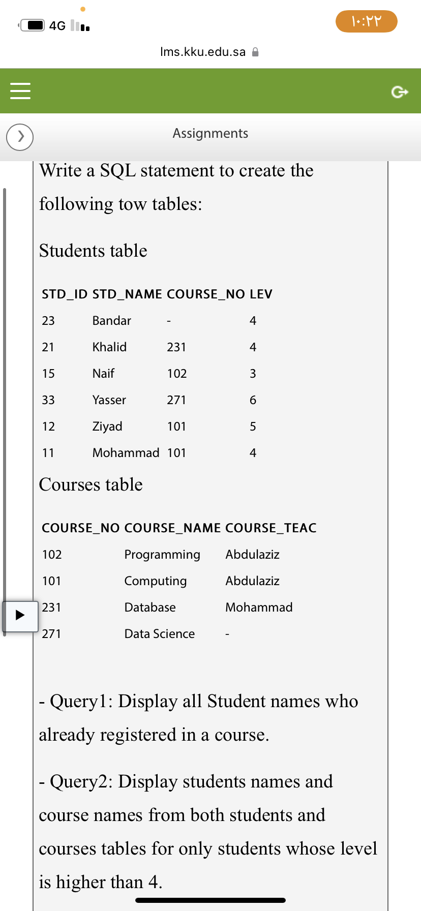|||
>
4G
Students table
Write a SQL statement to create the
following tow tables:
23
STD_ID STD_NAME COURSE_NO LEV
21
15
33
12
11
Bandar
Khalid
Naif
102
Ims.kku.edu.sa
Yasser
Ziyad
Courses table
101
231
271
Assignments
231
102
271
101
Mohammad 101
4
Data Science
4
3
6
COURSE NO COURSE_NAME COURSE_TEAC
Programming Abdulaziz
Computing
Abdulaziz
Database
Mohammad
5
4
۱۰:۲۲
- Query1: Display all Student names who
already registered in a course.
- Query2: Display students names and
course names from both students and
courses tables for only students whose level
is higher than 4.
Ĵ