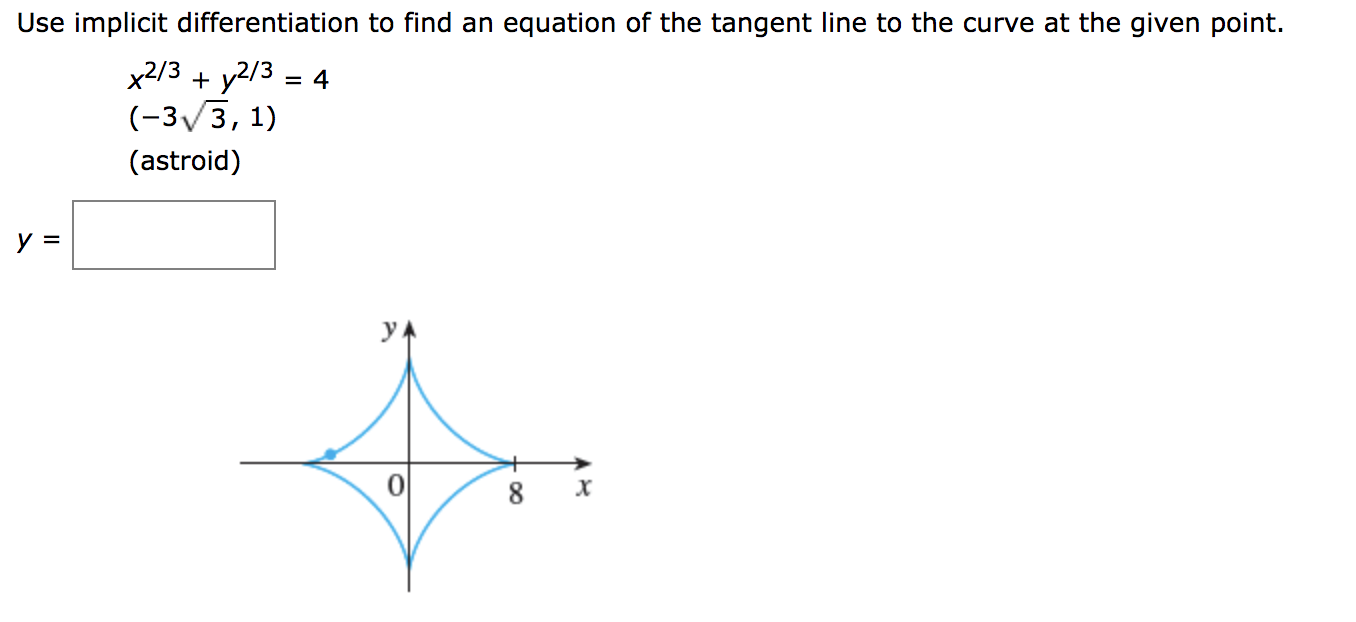 Use implicit differentiation to find an equation of the tangent line to the curve at the given point
x2/32/3
(-3 3, 1)
4
(astroid)
у 3
y
X
00
