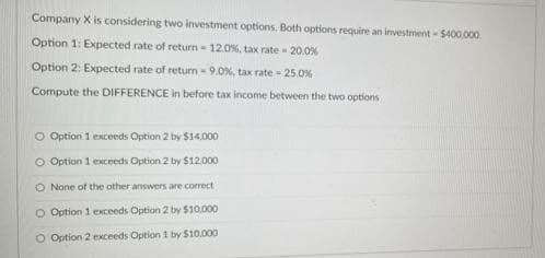 Company X is considering two investment options. Both options require an investment-$400,000.
Option 1: Expected rate of return - 12.0%, tax rate - 20.0 %
Option 2: Expected rate of return - 9.0%, tax rate - 25.0%
Compute the DIFFERENCE in before tax income between the two options
O Option 1 exceeds Option 2 by $14,000
O Option 1 exceeds Option 2 by $12,000
None of the other answers are correct
exceeds Option 2 by $10,000
O Option 1
O Option 2 exceeds Option 1 by $10,000