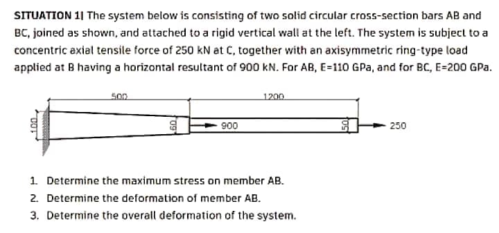 SITUATION 11 The system below is consisting of two solid circular cross-section bars AB and
BC, joined as shown, and attached to a rigid vertical wall at the left. The system is subject to a
concentric axial tensile force of 250 kN at C, together with an axisymmetric ring-type load
applied at B having a horizontal resultant of 900 kN. For AB, E=110 GPa, and for BC, E-200 GPa.
500
1200
900
250
1. Determine the maximum stress on member AB.
2. Determine the deformation of member AB.
3. Determine the overall deformation of the system.
