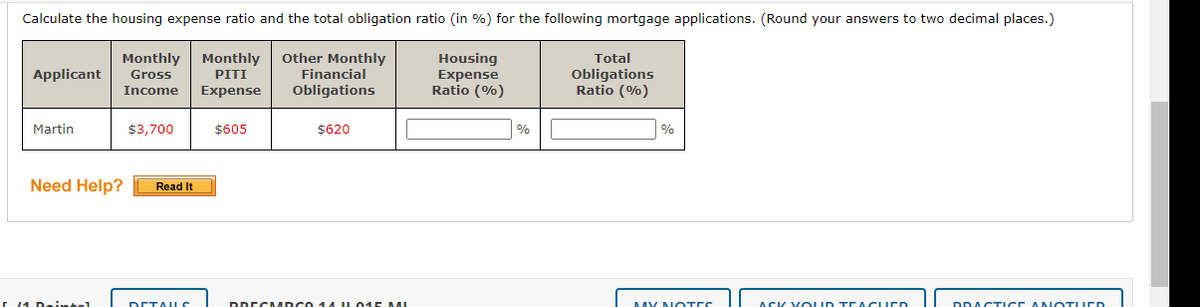 Calculate the housing expense ratio and the total obligation ratio (in %) for the following mortgage applications. (Round your answers to two decimal places.)
Monthly
Other Monthly
Housing
Expense
Ratio (%)
Monthly
Total
Applicant
Financial
Obligations
Ratio (%)
Gross
PITI
Income
Expense
Obligations
Martin
$3,700
$605
$620
%
Need Help?
Read It
I (1 Deintel
DDECM ncO 14 IL015 MI
ACK V oUD TO ACUED
DDACTICE ANOTLUED
DETALLC
MY NOTES
