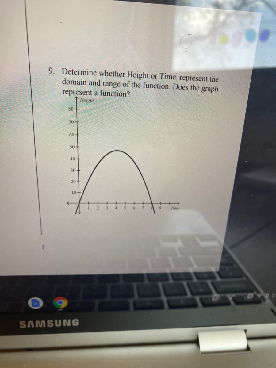 9. Determine whether Height or Time represent the
domain and range of the function. Does the graph
represent a function?
Height
80 +
70+
60 +
50+
40+
30-
20 +
10+
6.
7
9.
Time
SAMSUNG
