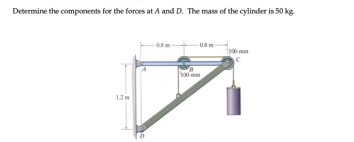 Determine the components for the forces at A and D. The mass of the cylinder is 50 kg.
0.8 m
0.8 m
100 mm
B.
100 mm
1.2 m
