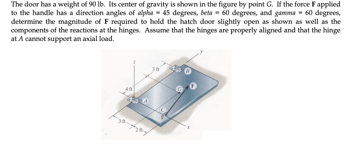 The door has a weight of 90 lb. Its center of gravity is shown in the figure by point G. If the force F applied
to the handle has a direction angles of alpha
determine the magnitude of F required to hold the hatch door slightly open as shown as well as the
components of the reactions at the hinges. Assume that the hinges are properly aligned and that the hinge
at A cannot support an axial load.
45 degrees, beta
60 degrees, and gamma
60 degrees,
%3D
3 ft
4 ft
3 ft
