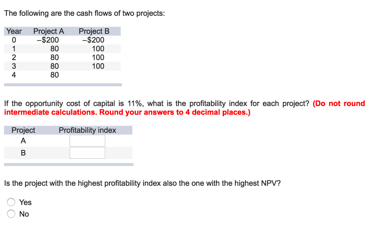 The following are the cash flows of two projects:
Year Project A
Project B
-$200
-$200
01234
Project
A
B
If the opportunity cost of capital is 11%, what is the profitability index for each project? (Do not round
intermediate calculations. Round your answers to 4 decimal places.)
Profitability index
80
80
80
80
00
100
100
100
Is the project with the highest profitability index also the one with the highest NPV?
Yes
No