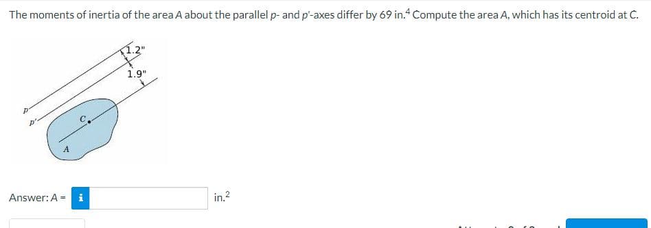 The moments of inertia of the area A about the parallel p- and p'-axes differ by 69 in.4 Compute the area A, which has its centroid at C.
D
D
Answer: A =
MI
i
1.2"
1.9"
in.²