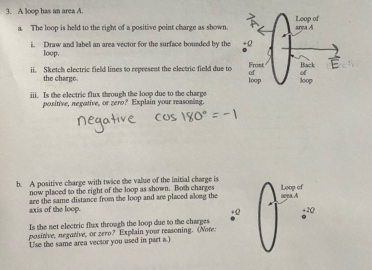 3. A loop has an area A.
Loop of
a.
The loop is held to the right of a positive point charge as shown.
area A
Draw and label an area vector for the surface bounded by the
loop.
i.
+Q
Front
of
Back
ii. Sketch electric field lines to represent the electric field due to
the charge.
of
loop
loop
iii. Is the electric flux through the loop due to the charge
positive, negative, or zero? Explain your reasoning.
negative
cos 180° = -1
b. A positive charge with twice the value of the initial charge is
now placed to the right of the loop as shown. Both charges
are the same distance from the loop and are placed along the
axis of the loop.
Loop of
area A
+Q
+2Q
Is the net electric flux through the loop due to the charges
positive, negative, or zero? Explain your reasoning. (Note:
Use the same area vector you used in part a.)
