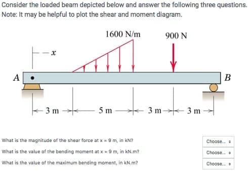Consider the loaded beam depicted below and answer the following three questions.
Note: It may be helpful to plot the shear and moment diagram.
A
3 m
1600 N/m
5 m
What is the magnitude of the shear force at x = 9 m, in kN?
What is the value of the bending moment at x = 9 m, in kN.m?
What is the value of the maximum bending moment, in kN.m?
900 N
3m 3m
B
Choose... =
Choose... =
Choose...