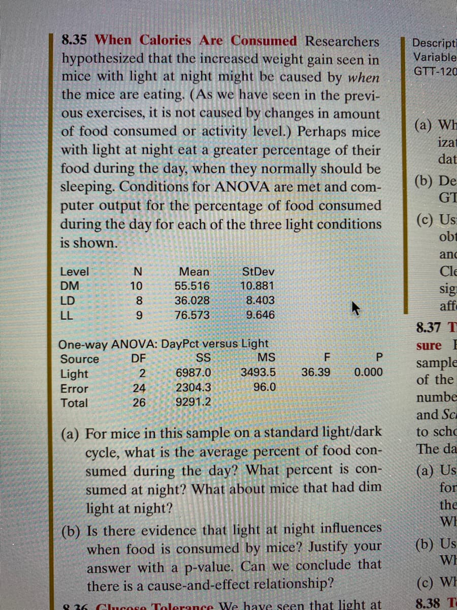 8.35 When Calories Are Consumed Researchers
hypothesized that the increased weight gain seen in
mice with light at night might be caused by when
the mice are eating. (As we have seen in the previ-
ous exercises, it is not caused by changes in amount
of food consumed or activity level.) Perhaps mice
with light at night eat a greater percentage of their
food during the day, when they normally should be
sleeping. Conditions for ANOVA are met and com-
puter output for the percentage of food consumed
during the day for each of the three light conditions
is shown.
Level
e
DM
LD
LL
N
10
Light
Error
Total
8
9
Mean
55.516
36.028
76.573
One-way ANOVA: DayPct versus Light
Source
DF
MS
2
24
26
St Dev
10.881
8.403
9.646
SS
6987.0
2304.3
9291.2
3493.5
96.0
F
36.39
P
0.000
(a) For mice in this sample on a standard light/dark
cycle, what is the average percent of food con-
sumed during the day? What percent is con-
sumed at night? What about mice that had dim
light at night?
(b) Is there evidence that light at night influences
when food is consumed by mice? Justify your
answer with a p-value. Can we conclude that
there is a cause-and-effect relationship?
8:36 Glucose Tolerance We have seen that light at
Descripti
Variable
GTT-120
(a) Wh
izat
dat
(b) De
GT
(c) Us
obt
anc
Cle
sign
aff
8.37 T
sure E
sample
of the
numbe
and Sc
to scho
The da
(a) Us
for
the
WH
(b) Us
WE
(c) WH
8.38 T