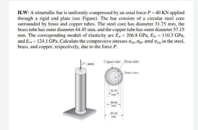 H.W/ A trimetallic bar is uniformly compressed by an axial force P= 40 KN applied
through a rigid end plate (see Figure). The bar consists of a circular steel core
surrounded by brass and copper tubes. The steel core has diameter 31.75 mm, the
brass tube has outer diameter 44.45 mm, and the copper tube has outer diameter 57.15
mm. The corresponding moduli of elasticity are E 206.8 GPa, Ear = 110.3 GPa,
and E.u = 124.1 GPa. Calculate the compressive stresses ost, Obr and ocu in the steel,
brass, and copper, respectively, duc to the force P.
Copper tube Brass tube
P-40KN
Steel care
31.75
mm
44.45
mm
57.15
mm
