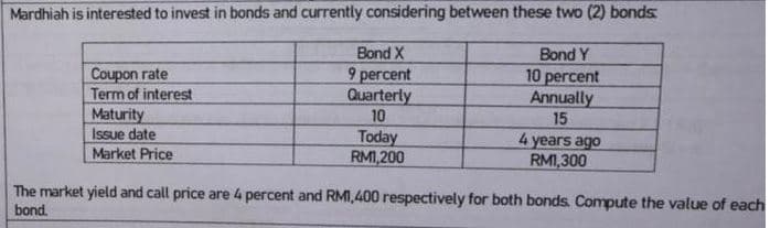 Mardhiah is interested to invest in bonds and currently considering between these two (2) bonds
Bond X
Coupon rate
Term of interest
Maturity
Issue date
9 percent
Quarterly
10
Today
RM1,200
Bond Y
10 percent
Annually
15
4 years ago
RMI,300
Market Price
The market yield and call price are 4 percent and RMI,400 respectively for both bonds. Compute the value of each
bond.
