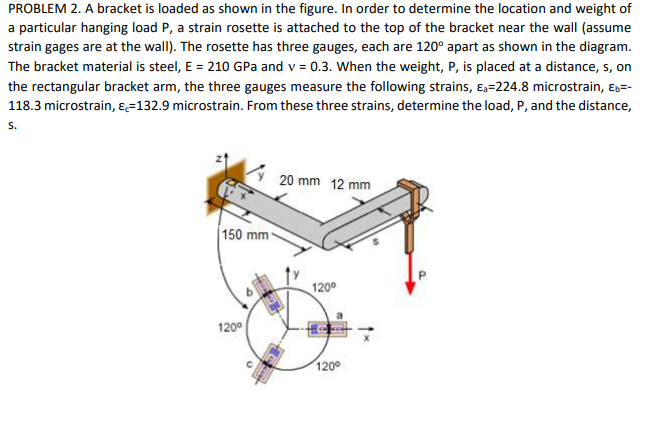 PROBLEM 2. A bracket is loaded as shown in the figure. In order to determine the location and weight of
a particular hanging load P, a strain rosette is attached to the top of the bracket near the wall (assume
strain gages are at the wall). The rosette has three gauges, each are 120° apart as shown in the diagram.
The bracket material is steel, E = 210 GPa and v = 0.3. When the weight, P, is placed at a distance, s, on
the rectangular bracket arm, the three gauges measure the following strains, ɛ.=224.8 microstrain, ɛ,=-
118.3 microstrain, ɛ=132.9 microstrain. From these three strains, determine the load, P, and the distance,
S.
20 mm 12 mm
150 mm-
1200
120°
1200
