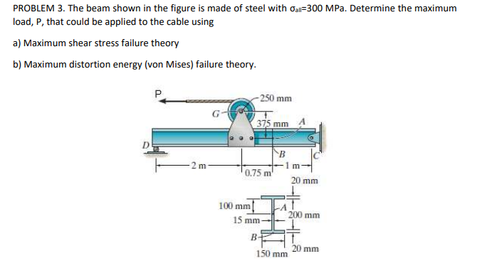 PROBLEM 3. The beam shown in the figure is made of steel with oali=300 MPa. Determine the maximum
load, P, that could be applied to the cable using
a) Maximum shear stress failure theory
b) Maximum distortion energy (von Mises) failure theory.
P
-250 mm
375 mm
D
-2 m
1 m
0.75 m
20 mm
100 mm
200 mm
15 mm-
B-
20 mm
150 mm
