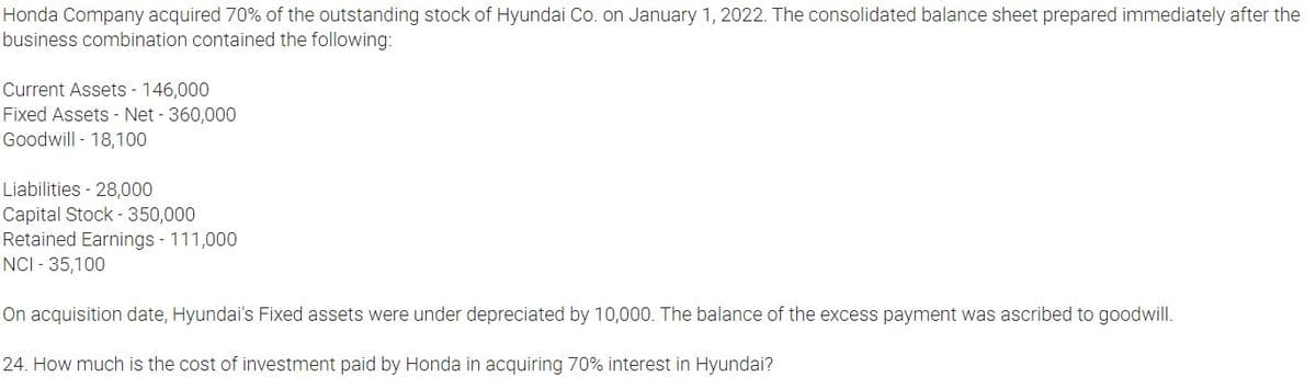 Honda Company acquired 70% of the outstanding stock of Hyundai Co. on January 1, 2022. The consolidated balance sheet prepared immediately after the
business combination contained the following:
Current Assets - 146,000
Fixed Assets - Net - 360,000
Goodwill - 18,100
Liabilities - 28,000
Capital Stock - 350,000
Retained Earnings - 111,000
NCI - 35,100
On acquisition date, Hyundai's Fixed assets were under depreciated by 10,000. The balance of the excess payment was ascribed to goodwill.
24. How much is the cost of investment paid by Honda in acquiring 70% interest in Hyundai?
