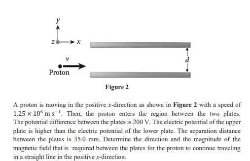 Proton
Figure 2
A proton is moving in the positive x-direction as shown in Figure 2 with a speed of
1.25 x 10° m s-1. Then, the proton enters the region between the two plates.
The potential difference between the plates is 200 V. The electric potential of the upper
plate is higher than the electric potential of the lower plate. The separation distance
between the plates is 35.0 mm. Determine the direction and the magnitude of the
magnetic field that is required between the plates for the proton to continue traveling
in a straight line in the positive x-direction.
