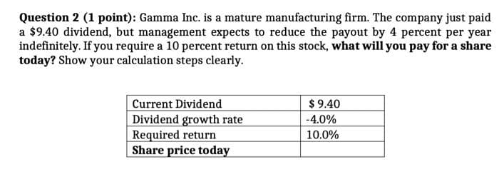 Question 2 (1 point): Gamma Inc. is a mature manufacturing firm. The company just paid
a $9.40 dividend, but management expects to reduce the payout by 4 percent per year
indefinitely. If you require a 10 percent return on this stock, what will you pay for a share
today? Show your calculation steps clearly.
Current Dividend
Dividend growth rate
Required return
Share price today
$ 9.40
-4.0%
10.0%