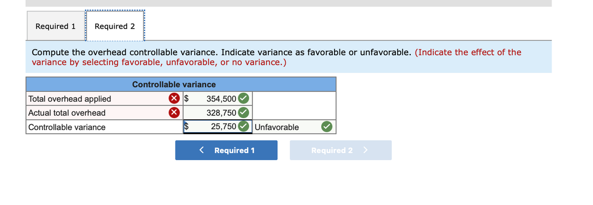 Required 1
Required 2
Compute the overhead controllable variance. Indicate variance as favorable or unfavorable. (Indicate the effect of the
variance by selecting favorable, unfavorable, or no variance.)
Controllable variance
Total overhead applied
354,500
Actual total overhead
328,750
Controllable variance
25,750
Unfavorable
< Required 1
Required 2 >
