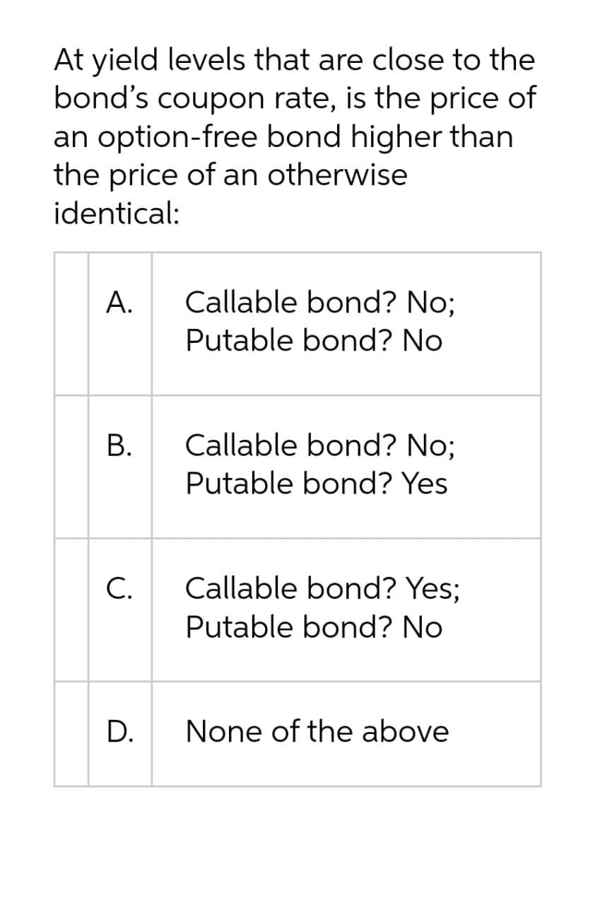 At yield levels that are close to the
bond's coupon rate, is the price of
an option-free bond higher than
the price of an otherwise
identical:
A.
B.
C.
D.
Callable bond? No;
Putable bond? No
Callable bond? No;
Putable bond? Yes
Callable bond? Yes;
Putable bond? No
None of the above