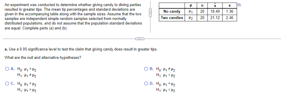 An experiment was conducted to determine whether giving candy to dining parties
resulted in greater tips. The mean tip percentages and standard deviations are
given the accompanying table along with the sample sizes. Assume that the two
samples are independent simple random samples selected from normally
distributed populations, and do not assume that the population standard deviations
are equal. Complete parts (a) and (b).
a. Use a 0.05 significance level to test the claim that giving candy does result in greater tips.
What are the null and alternative hypotheses?
OA. Ho: H₁ H₂
H₁: H₁ H₂
C
OC. Ho: H₁ H₂
H₁: Hy > H₂
O B.
OD.
No candy
Two candies
Ho. Hi#H2
H₁: H₁ <H₂
Ho: H=H2
H₁:₁ <H₂
μ
n
X
S
P₁ 20 18.49 1.36
1₂ 20 21.12 2.46