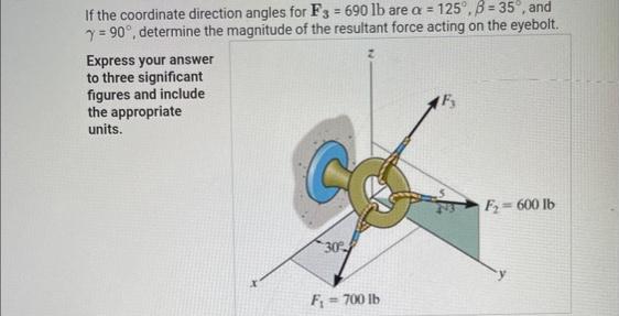 If the coordinate direction angles for F3 = 690 lb are a = 125°, B = 35°, and
7= 90°, determine the magnitude of the resultant force acting on the eyebolt.
Express your answer
to three significant
figures and include
the appropriate
units.
30%
F₁ = 700 lb
F₂=600 lb