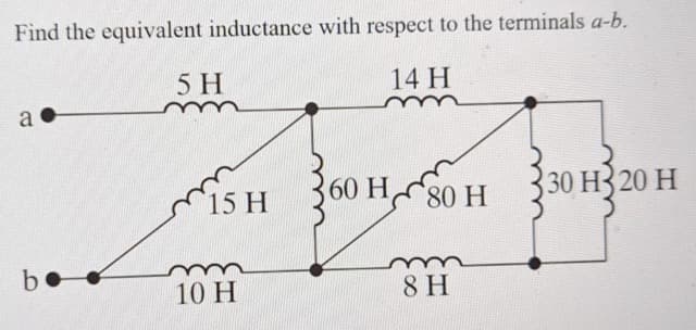 Find the equivalent inductance with respect to the terminals a-b.
5 H
14 H
a
b
15
SH 360 HSOH
80
10 H
8 H
30 H320 H