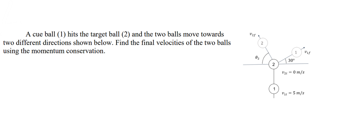 A cue ball (1) hits the target ball (2) and the two balls move towards
two different directions shown below. Find the final velocities of the two balls
using the momentum conservation.
V2f
2
1
V1f
02
30°
2
Vzi = 0 m/s
V₁i 5 m/s