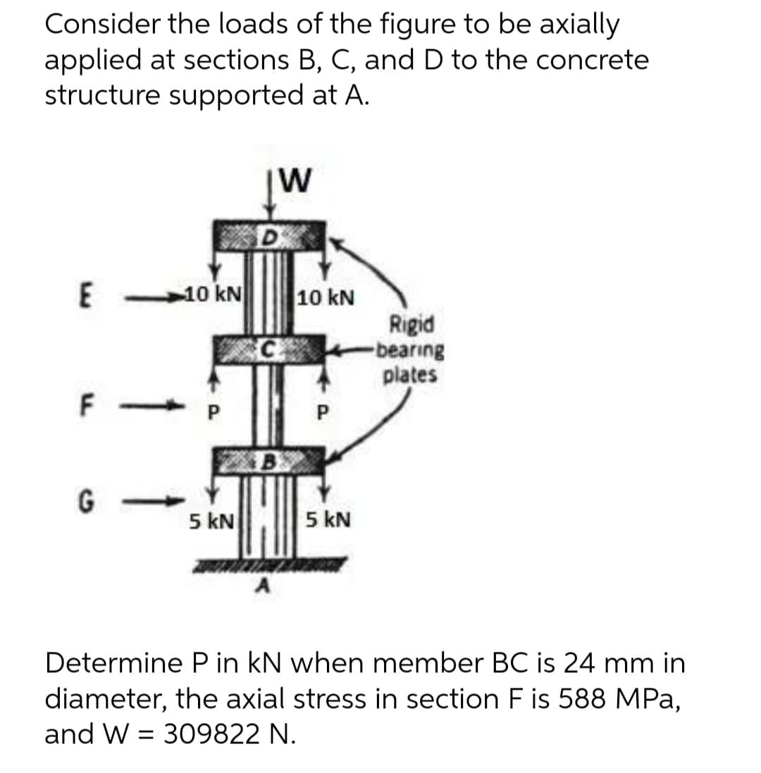 Consider the loads of the figure to be axially
applied at sections B, C, and D to the concrete
structure supported at A.
IW
E
F
P
G
5 kN
5 kN
A
Determine P in kN when member BC is 24 mm in
diameter, the axial stress in section F is 588 MPa,
and W 309822 N.
=
10 kN
C
10 kN
Rigid
-bearing
plates