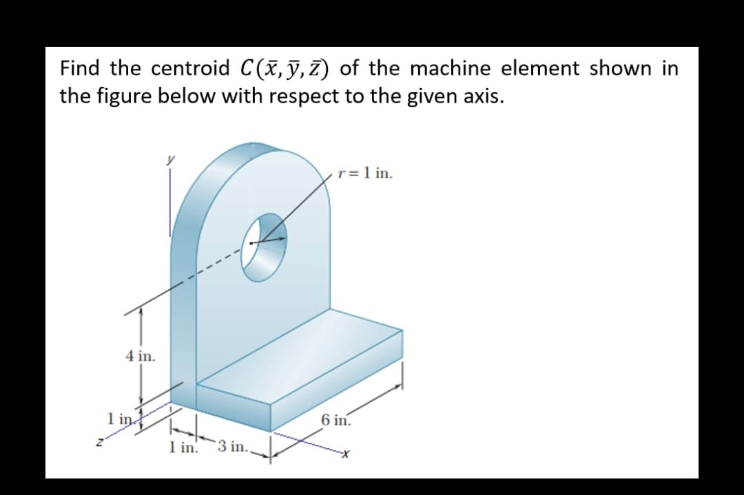 Find the centroid C(x, y, z) of the machine element shown in
the figure below with respect to the given axis.
r = 1 in.
4 in.
1 in
1 in.
3 in..
6 in.