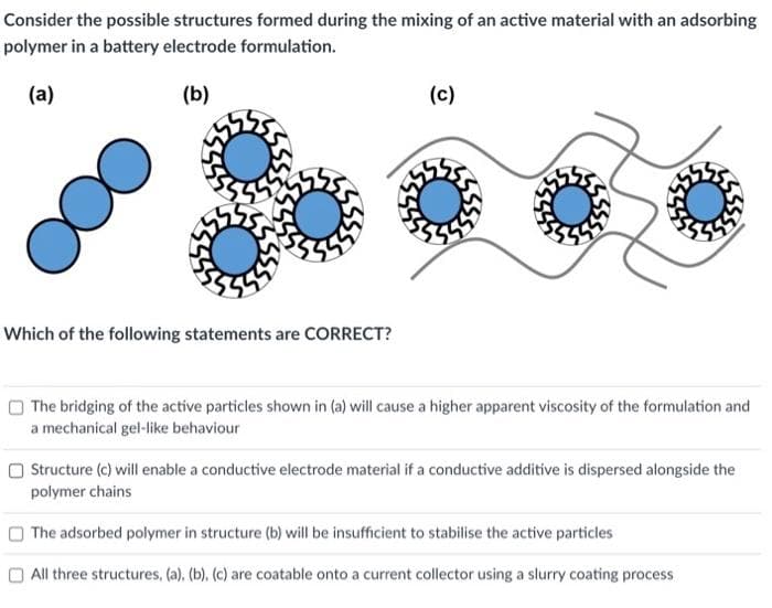 Consider the possible structures formed during the mixing of an active material with an adsorbing
polymer in a battery electrode formulation.
(a)
(b)
(c)
Which of the following statements are CORRECT?
The bridging of the active particles shown in (a) will cause a higher apparent viscosity of the formulation and
a mechanical gel-like behaviour
O Structure (c) will enable a conductive electrode material if a conductive additive is dispersed alongside the
polymer chains
The adsorbed polymer in structure (b) will be insufficient to stabilise the active particles
O All three structures, (a), (b), (c) are coatable onto a current collector using a slurry coating process
