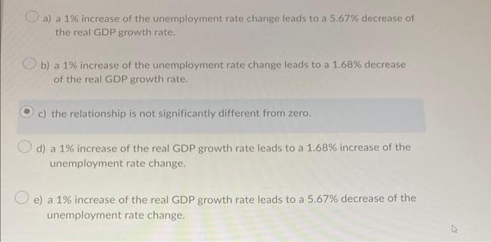 a) a 1% increase of the unemployment rate change leads to a 5.67% decrease of
the real GDP growth rate.
b) a 1% increase of the unemployment rate change leads to a 1.68% decrease
of the real GDP growth rate.
c) the relationship is not significantly different from zero.
d) a 1% increase of the real GDP growth rate leads to a 1.68% increase of the
unemployment rate change.
O e) a 1% increase of the real GDP growth rate leads to a 5.67% decrease of the
unemployment rate change.
A