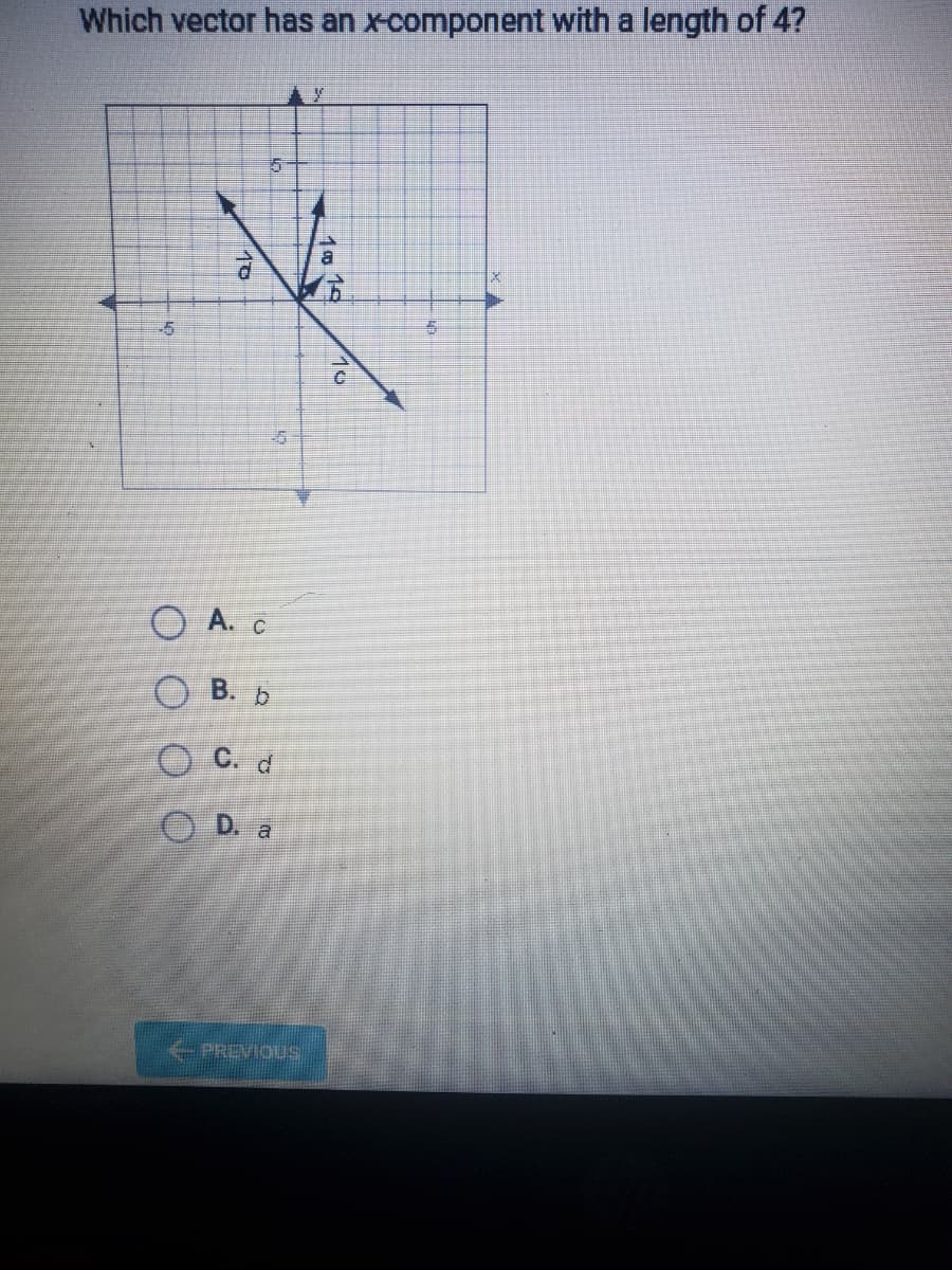 Which vector has an x-component with a length of 4?
-5
A. C
B. b
C. d
O D. a
10
