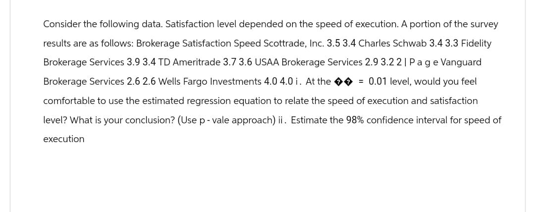 Consider the following data. Satisfaction level depended on the speed of execution. A portion of the survey
results are as follows: Brokerage Satisfaction Speed Scottrade, Inc. 3.5 3.4 Charles Schwab 3.4 3.3 Fidelity
Brokerage Services 3.9 3.4 TD Ameritrade 3.7 3.6 USAA Brokerage Services 2.9 3.22 | Page Vanguard
Brokerage Services 2.6 2.6 Wells Fargo Investments 4.0 4.0 i. At the ��= 0.01 level, would you feel
comfortable to use the estimated regression equation to relate the speed of execution and satisfaction
level? What is your conclusion? (Use p-vale approach) ii. Estimate the 98% confidence interval for speed of
execution