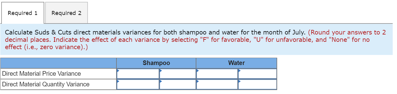 Required 1
Required 2
Calculate Suds & Cuts direct materials variances for both shampoo and water for the month of July. (Round your answers to 2
decimal places. Indicate the effect of each variance by selecting "F" for favorable, "U" for unfavorable, and "None" for no
effect (i.e., zero variance).)
Shampoo
Water
Direct Material Price Variance
Direct Material Quantity Variance
