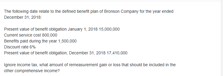 The following date relate to the defined benefit plan of Bronson Company for the year ended
December 31, 2018:
Present value of benefit obligation January 1, 2018 15,000,000
Current service cost 800,000
Benefits paid during the year 1,500,000
Discount rate 6%
Present value of benefit obligation, December 31, 2018 17,410,000
Ignore income tax, what amount of remeasurement gain or loss that should be included in the
other comprehensive income?
