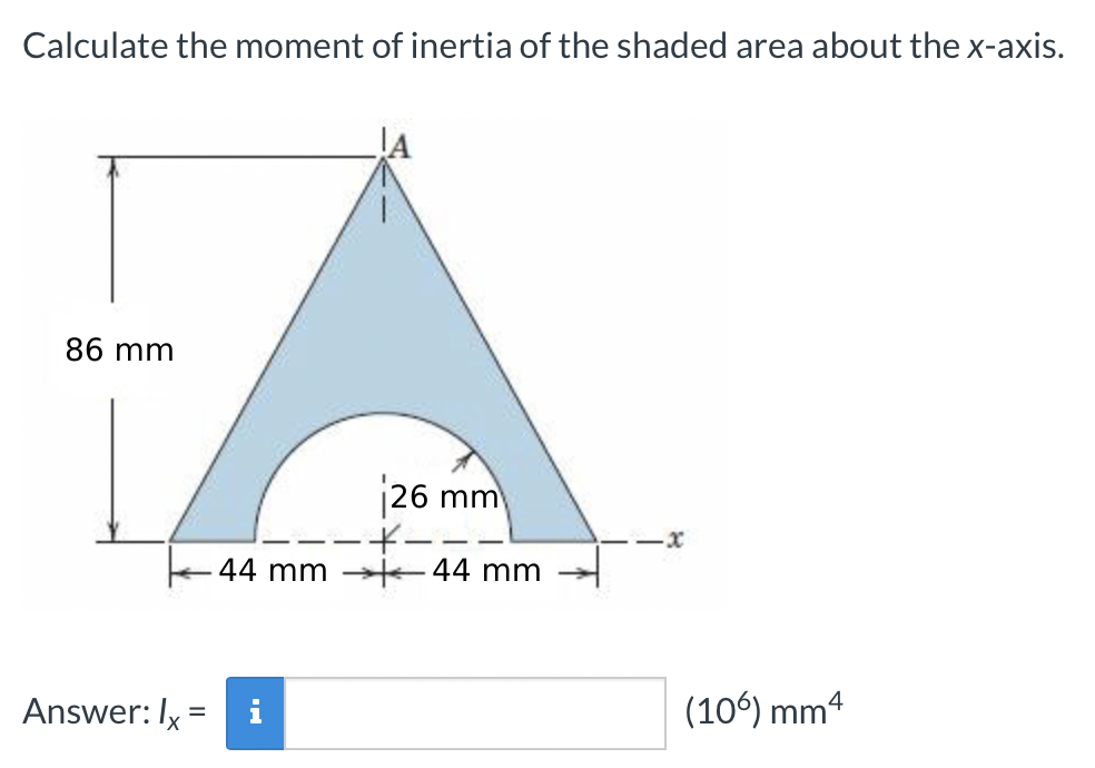 Calculate the moment of inertia of the shaded area about the x-axis.
86 mm
|26 mm
44 mm 44 mm
Answer: Ix =
(106) mm4
