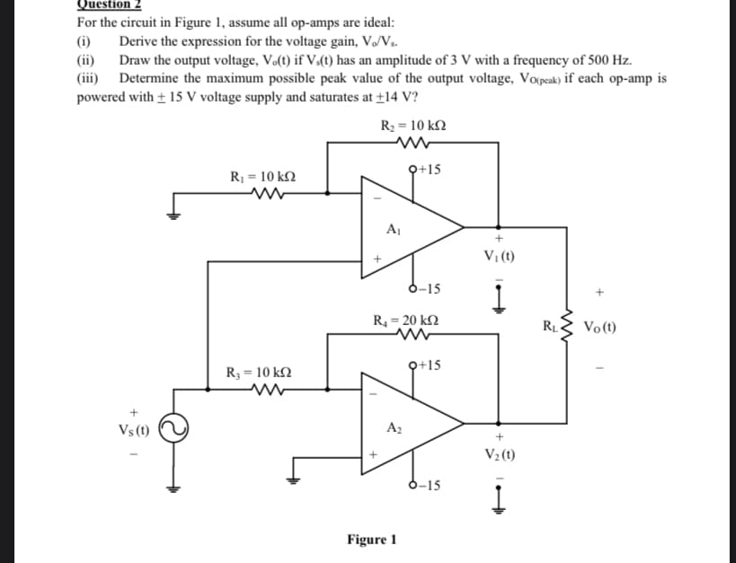 Question
For the circuit in Figure 1, assume all op-amps are ideal:
(i)
Derive the expression for the voltage gain, Vo/Vs.
Draw the output voltage, V.(t) if V.(t) has an amplitude of 3 V with a frequency of 500 Hz.
(ii)
(iii) Determine the maximum possible peak value of the output voltage, Vo(peak) if each op-amp is
powered with + 15 V voltage supply and saturates at ±14 V?
R2 = 10 k2
Q+15
R = 10 k2
Aj
Vị (t)
6-15
R4 = 20 k2
%3D
Vo (t)
오+15
R3 = 10 k2
Vs (t)
A2
V2 (t)
6-15
Figure 1
