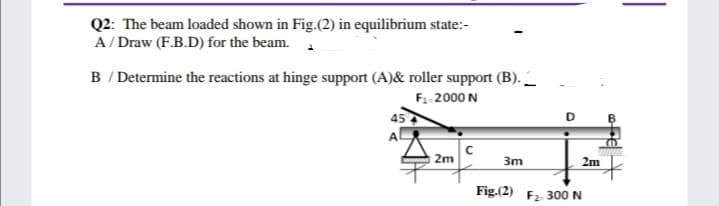 Q2: The beam loaded shown in Fig.(2) in equilibrium state:-
A/ Draw (F.B.D) for the beam. .
B / Determine the reactions at hinge support (A)& roller support (B). _
F- 2000 N
45
2m
3m
2m
Fig.(2) F2 300 N
