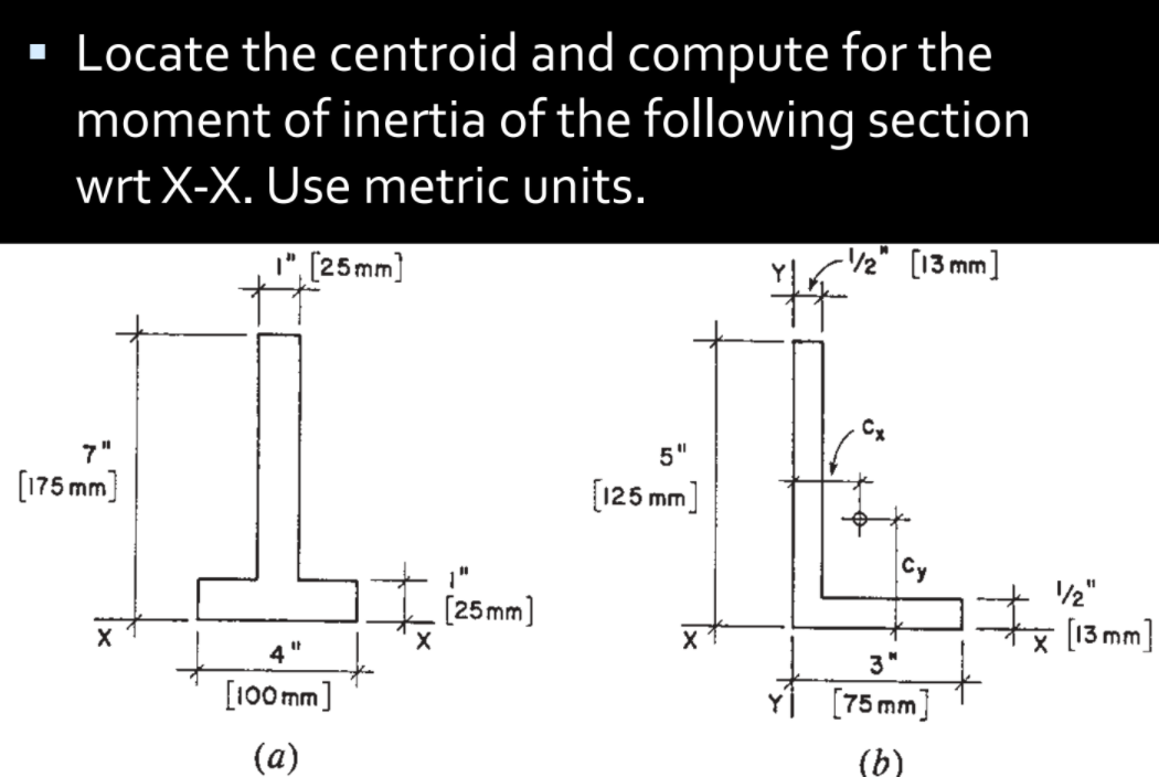 -· Locate the centroid and compute for the
moment of inertia of the following section
wrt X-X. Use metric units.
", [25mm]
-/½" [13 mm]
5"
[175 mm]
[125 mm]
1"
/2"
%3D
[25 mm]
13 mm
]
4
3"
[100 mm]
[75 mm]
(a)
(b)
