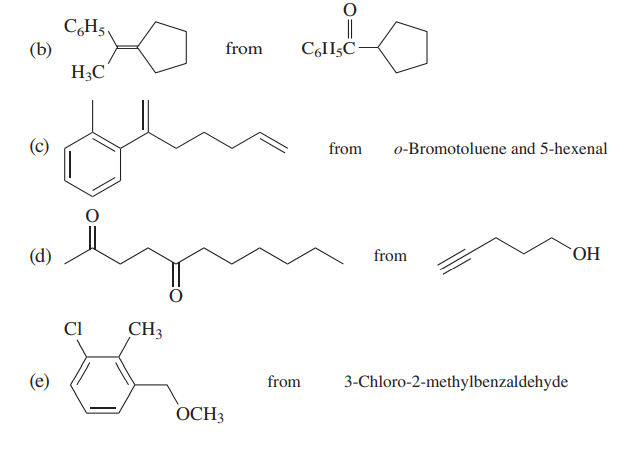 C,Hs,
(b)
H3C
from
CÇIIŞC-
from
o-Bromotoluene and 5-hexenal
(d)
from
HO,
Cl
CH3
(e)
from
3-Chloro-2-methylbenzaldehyde
OCH3
