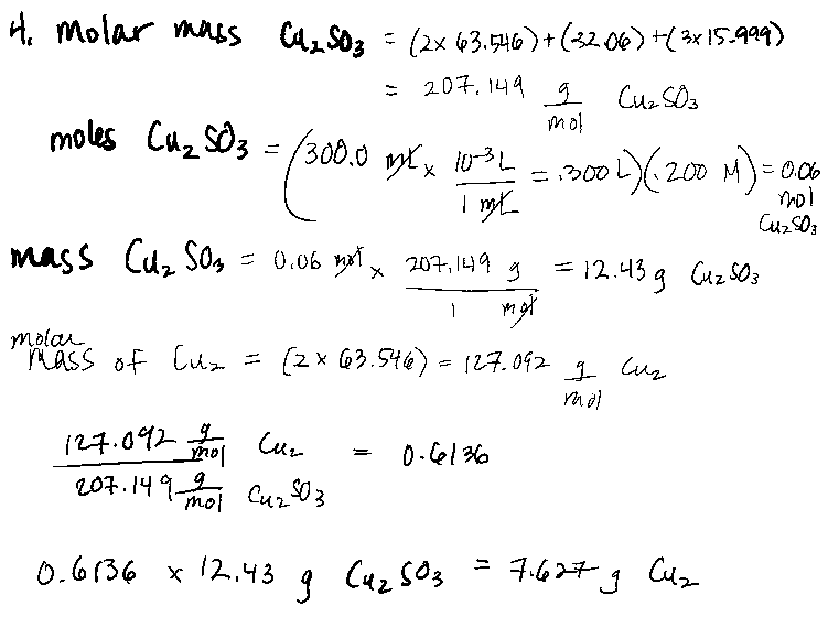4. Molar mass
moles Cu₂ 503 =/300.0 € 10-³ L = 300L) (200 M) =
M) = 0.06
mol
imt
Cu₂SO3
(42583 = (2x 63,546) + (32.06) +(3x 15.999)
= 207.149 g Cuz SO3
mal
mass Cu₂ S0₂ = 0.06 not x 207,149
1
molar
mass of Cuz
127.092 mmol Cuz
Сиг
0.6136x
g
maj
(2x 63.546) = 127.092
207.149 201 Cuz 503
mol
12.43
g
0.6136
Cuz 503
= 12.43 g (uz 503
工
mal
Cuz
7.627 g Cuz