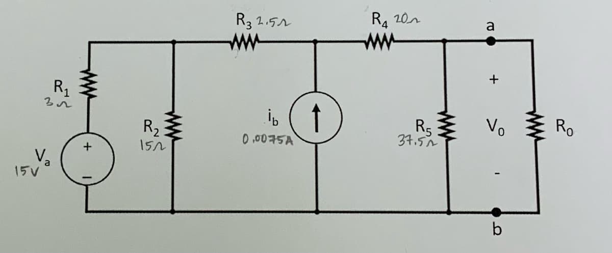 ww
R₁
32
R₂
R32.52
www
R4 20
www
www
+
152
Va
15V
a
10
www
ib (↑
0.0075A
R5
37.5
+
Vo
www
●b
Ro