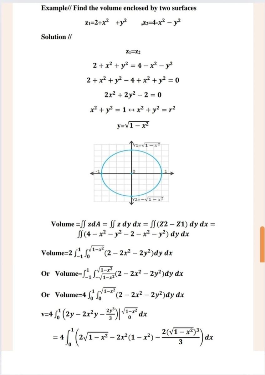 Example// Find the volume enclosed by two surfaces
Z1=2+x² +y2
,Z2=4-x² - y²
Solution //
Z1 Z2
2+x² + y² = 4x² - y²
2 + x² + y² - 4 + x² + y² = 0
2x²+2y2 2 0
x² + y² = 1 ↔ x² + y² = p²²
y=√1-x²
Y2=-√√1-x=
Volume=ff zdA=ff z dy dx = ff (Z2 - Z1) dy dx =
(4 x2 y2-2-x² - y²) dy dx
Volume-2 √1-2 (2- 2x² - 2y²)dy dx
Or Volume-(2- 2x² – 2y²)dy dx
Or Volume-41-2 (
(2-2x²-2y2)dy dx
v=4
-
4 √² (2y – 2x² y — ²x²³)| √1-x² dx
-
= 4
+ ſo (2√1 − x² - 2x² (1 − x²) -
-2x²(1-x²) 2 (√1 = x²)³) dx
2(√1-x2)3
-
3