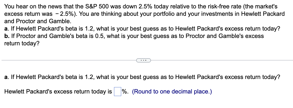 You hear on the news that the S&P 500 was down 2.5% today relative to the risk-free rate (the market's
excess return was -2.5%). You are thinking about your portfolio and your investments in Hewlett Packard
and Proctor and Gamble.
a. If Hewlett Packard's beta is 1.2, what is your best guess as to Hewlett Packard's excess return today?
b. If Proctor and Gamble's beta is 0.5, what is your best guess as to Proctor and Gamble's excess
return today?
a. If Hewlett Packard's beta is 1.2, what is your best guess as to Hewlett Packard's excess return today?
Hewlett Packard's excess return today is %. (Round to one decimal place.)