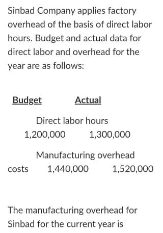 Sinbad Company applies factory
overhead of the basis of direct labor
hours. Budget and actual data for
direct labor and overhead for the
year are as follows:
Budget
Actual
Direct labor hours
1,200,000
1,300,000
Manufacturing overhead
costs
1,440,000
1,520,000
The manufacturing overhead for
Sinbad for the current year is

