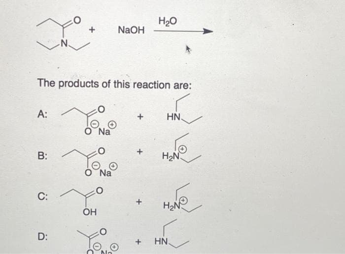x
N.
A:
B:
The products of this reaction are:
C:
+
D:
O Na
O Na
NaOH
OH
H₂O
HN
he
H₂N
H₂N
+ HN.