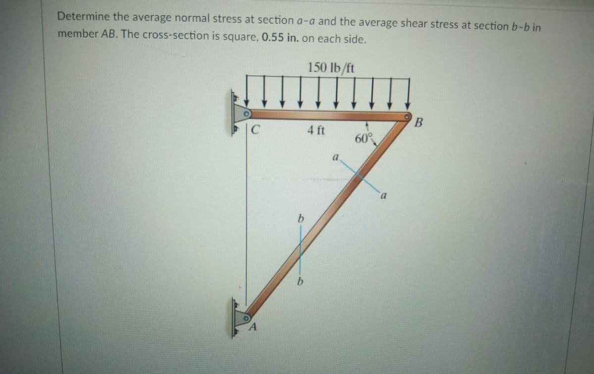 Determine the average normal stress at section a-a and the average shear stress at section b-b in
member AB. The cross-section is square, 0.55 in. on each side.
150 lb/ft
B
C.
4 ft
60°
b.
b.
