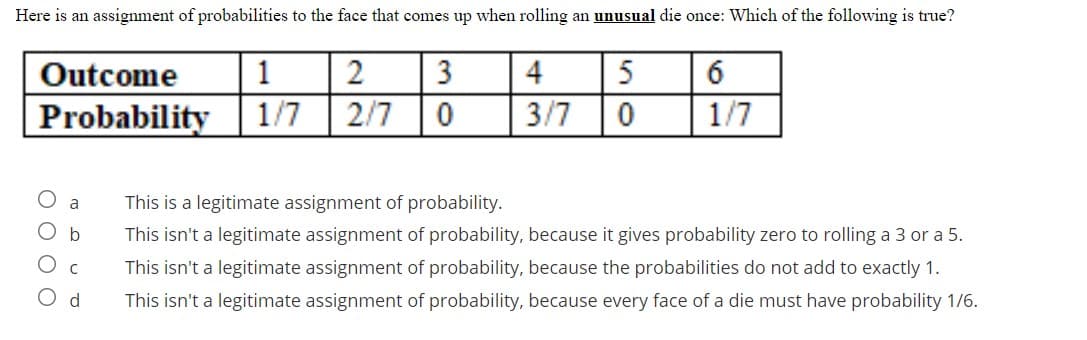 Here is an assignment of probabilities to the face that comes up when rolling an unusual die once: Which of the following is true?
Outcome
2
3
4
5
6
Probability
1/7
2/7
3/7
1/7
a
This is a legitimate assignment of probability.
b
This isn't a legitimate assignment of probability, because it gives probability zero to rolling a 3 or a 5.
This isn't a legitimate assignment of probability, because the probabilities do not add to exactly 1.
O d
This isn't a legitimate assignment of probability, because every face of a die must have probability 1/6.
