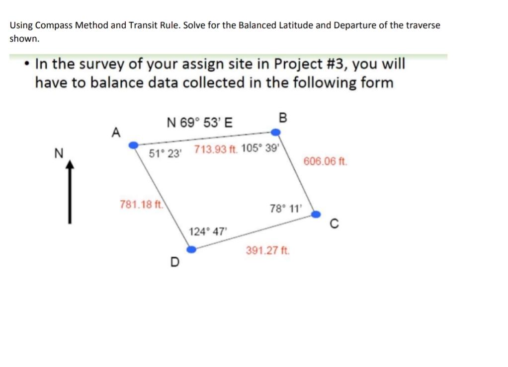 Using Compass Method and Transit Rule. Solve for the Balanced Latitude and Departure of the traverse
shown.
In the survey of your assign site in Project #3, you will
have to balance data collected in the following form
N 69° 53' E
в
A
N
51° 23' 713.93 ft. 105° 39
606.06 ft.
781.18 ft.
78° 11'
124° 47'
391.27 ft.
