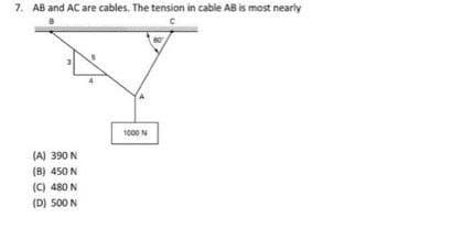 7. AB and AC are cables. The tension in cable AB is most nearly
1000 N
(A) 390 N
(B) 450 N
(C) 480 N
(D) 500 N

